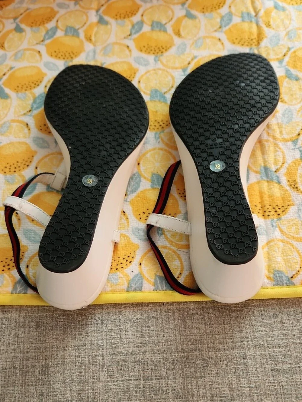 Gucci White T-Strap Sandals with Red and Navy Webbing
